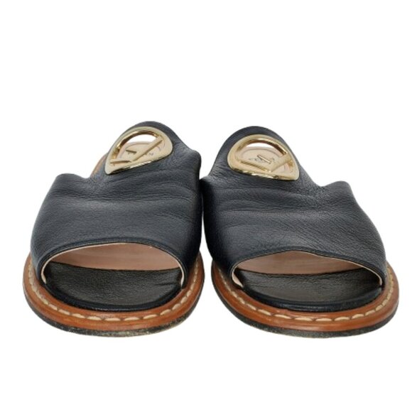 Fendi F Logo Leather Flat Slide Sandals - Picture 3 of 9